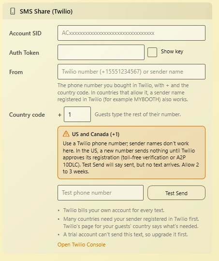 The SMS Share (Twilio) card with country code 1 and the yellow US and Canada notice