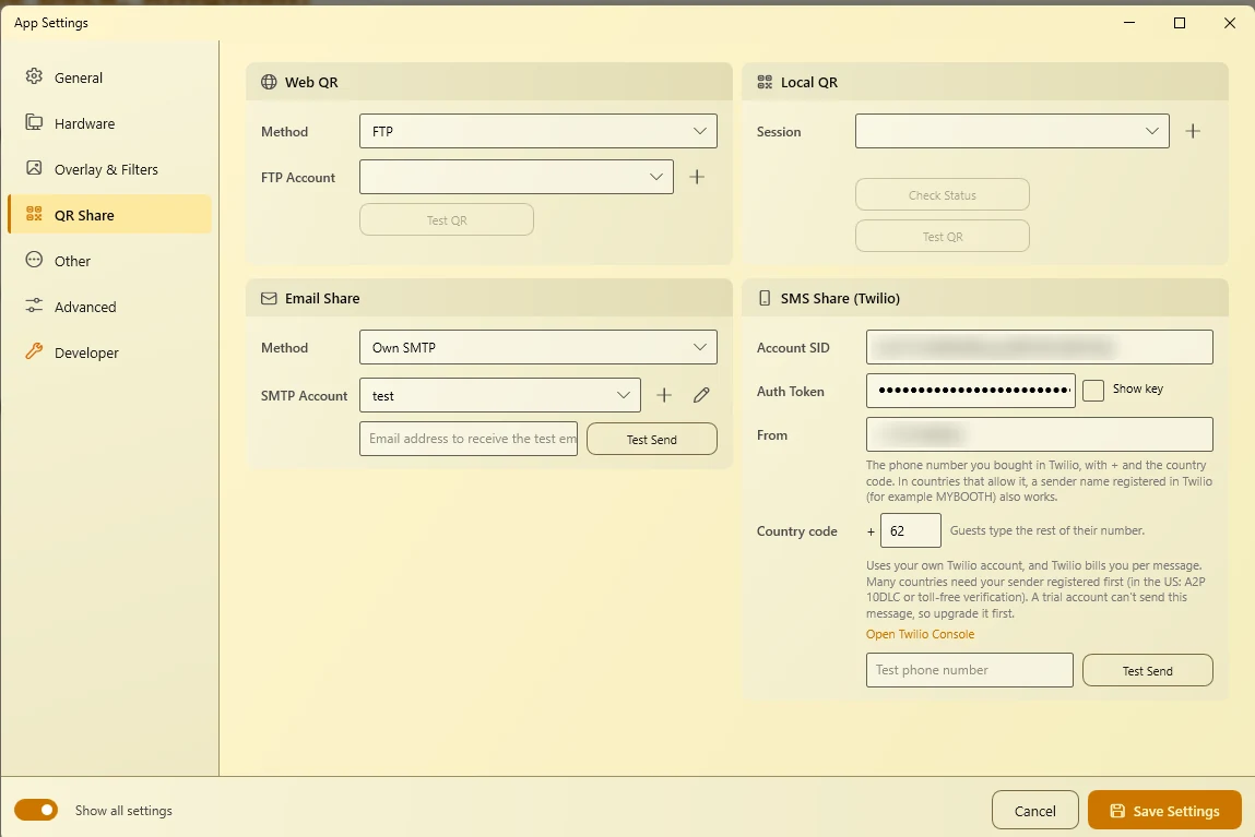 App Settings, QR Share page, with the SMS Share (Twilio) card filled in