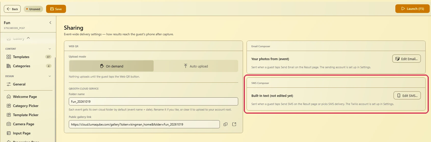 Event editor Sharing page with the SMS Composer card and its Edit SMS button highlighted