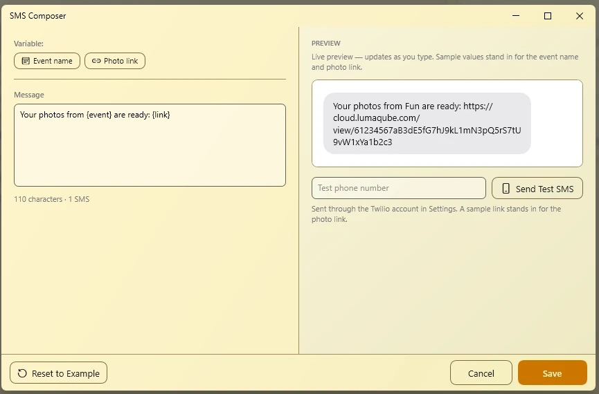 SMS Composer window with the message box, variable buttons, length counter, preview and Send Test SMS