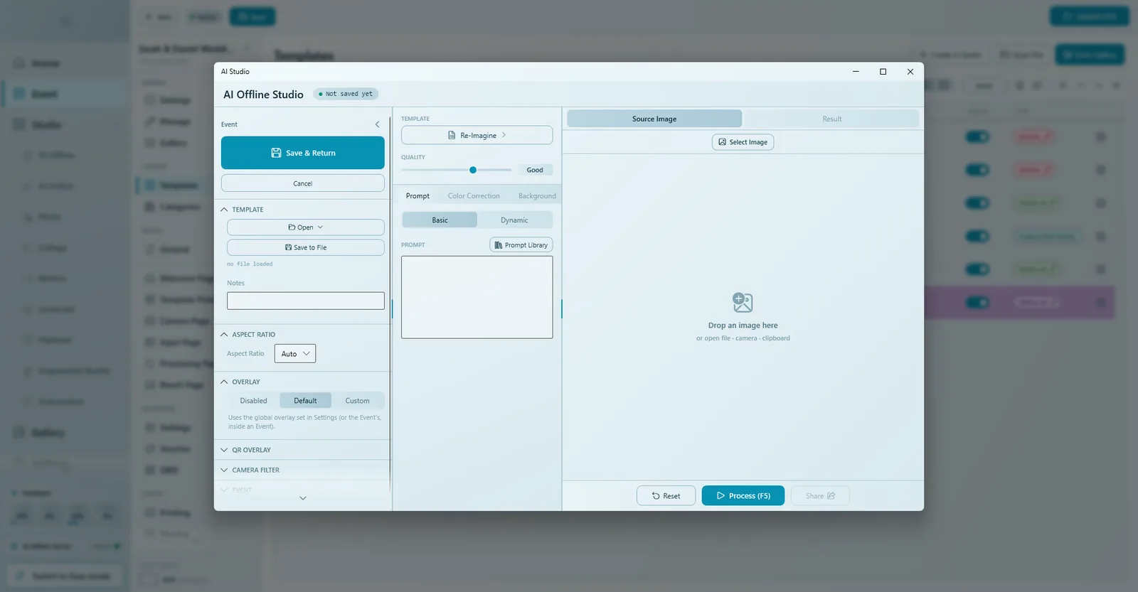 A studio opened from an event, with the Save & Return and Cancel buttons at the top of the left panel