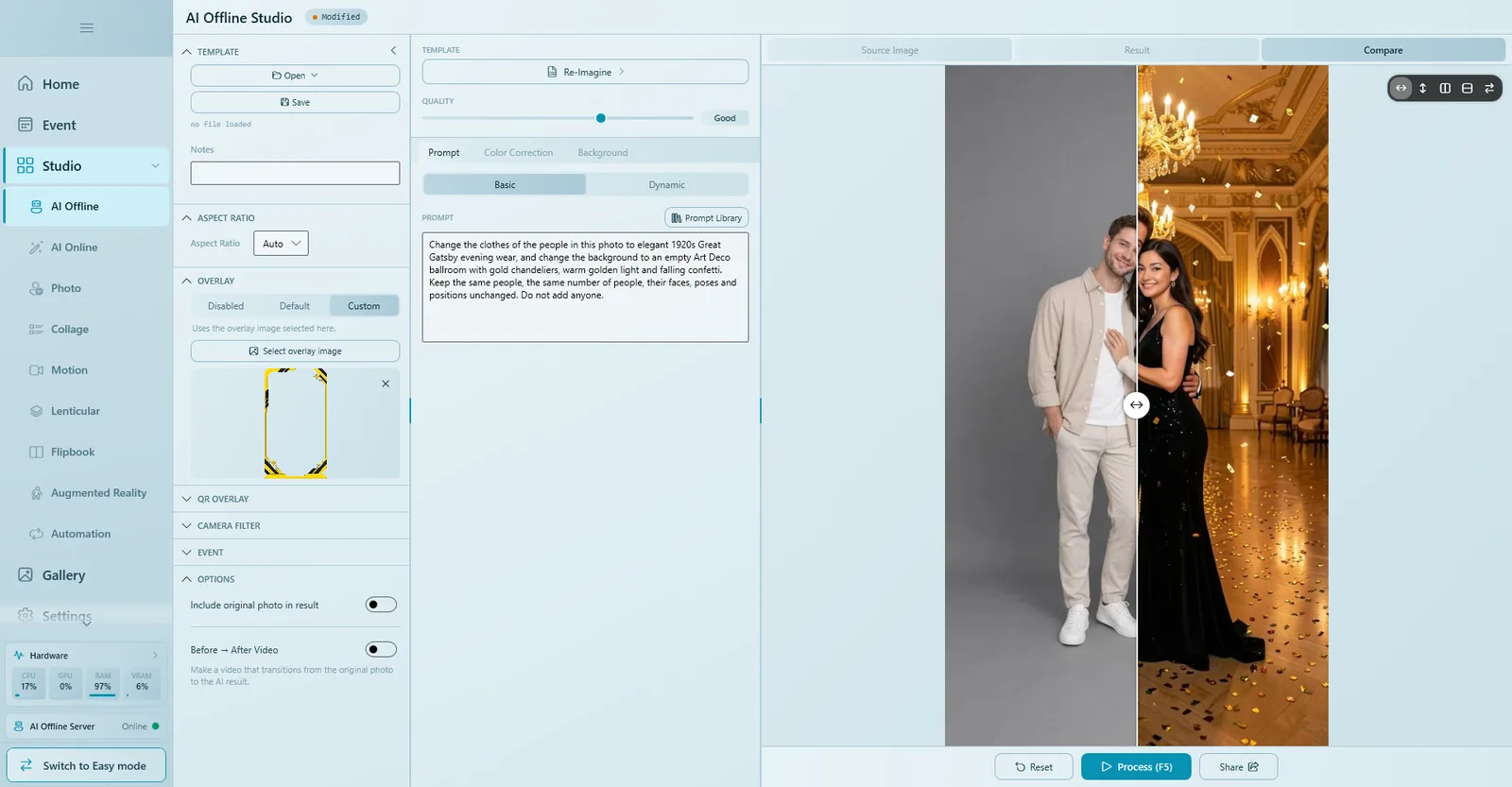 AI Offline Studio with the left settings panel, the prompt in the middle and the Compare view on the right