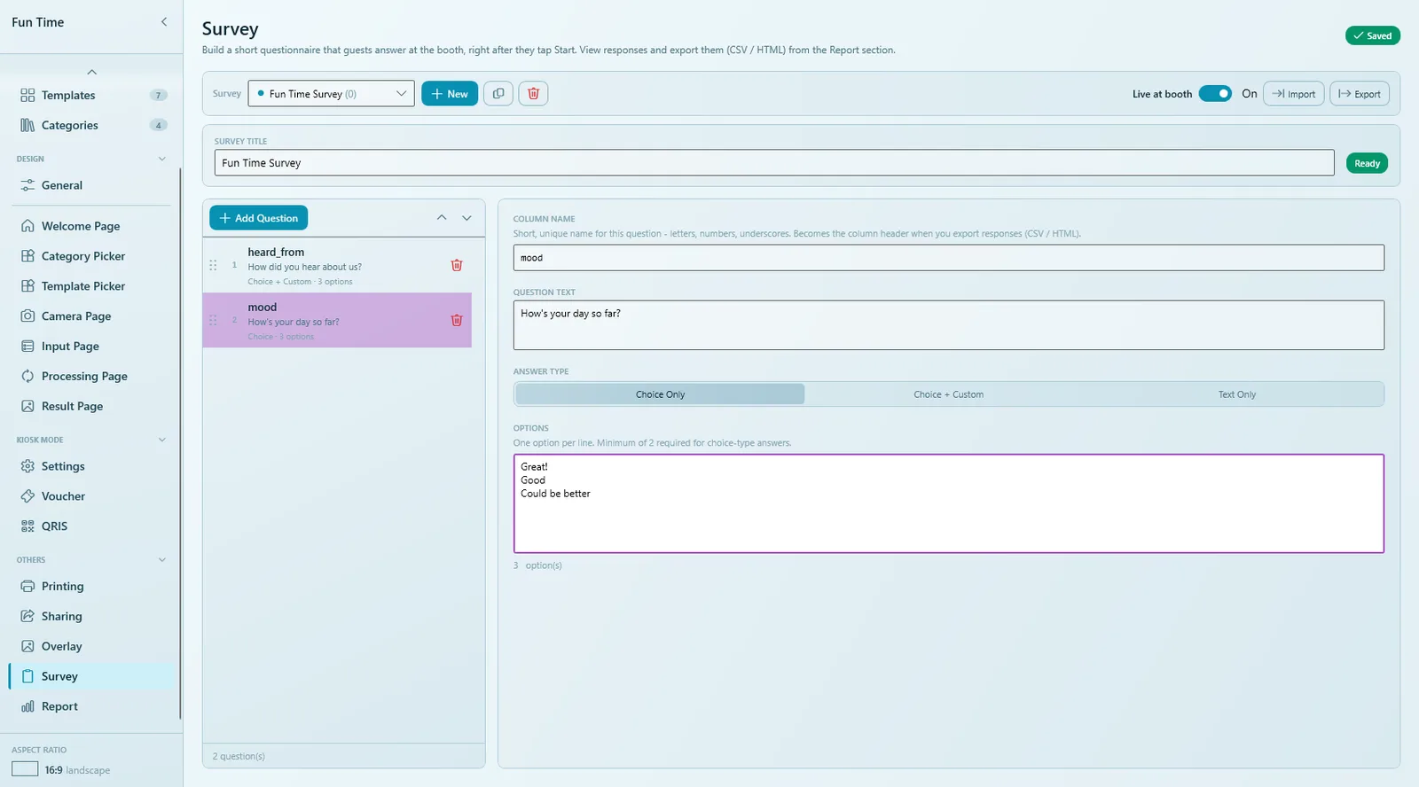 The Survey page with two questions in the list and the editor showing column name, question text, answer type and options