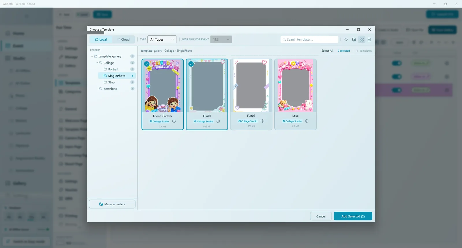 Choose a Template window with Local and Cloud tabs, a folder tree, four collage templates with two selected, and Add Selected (2)