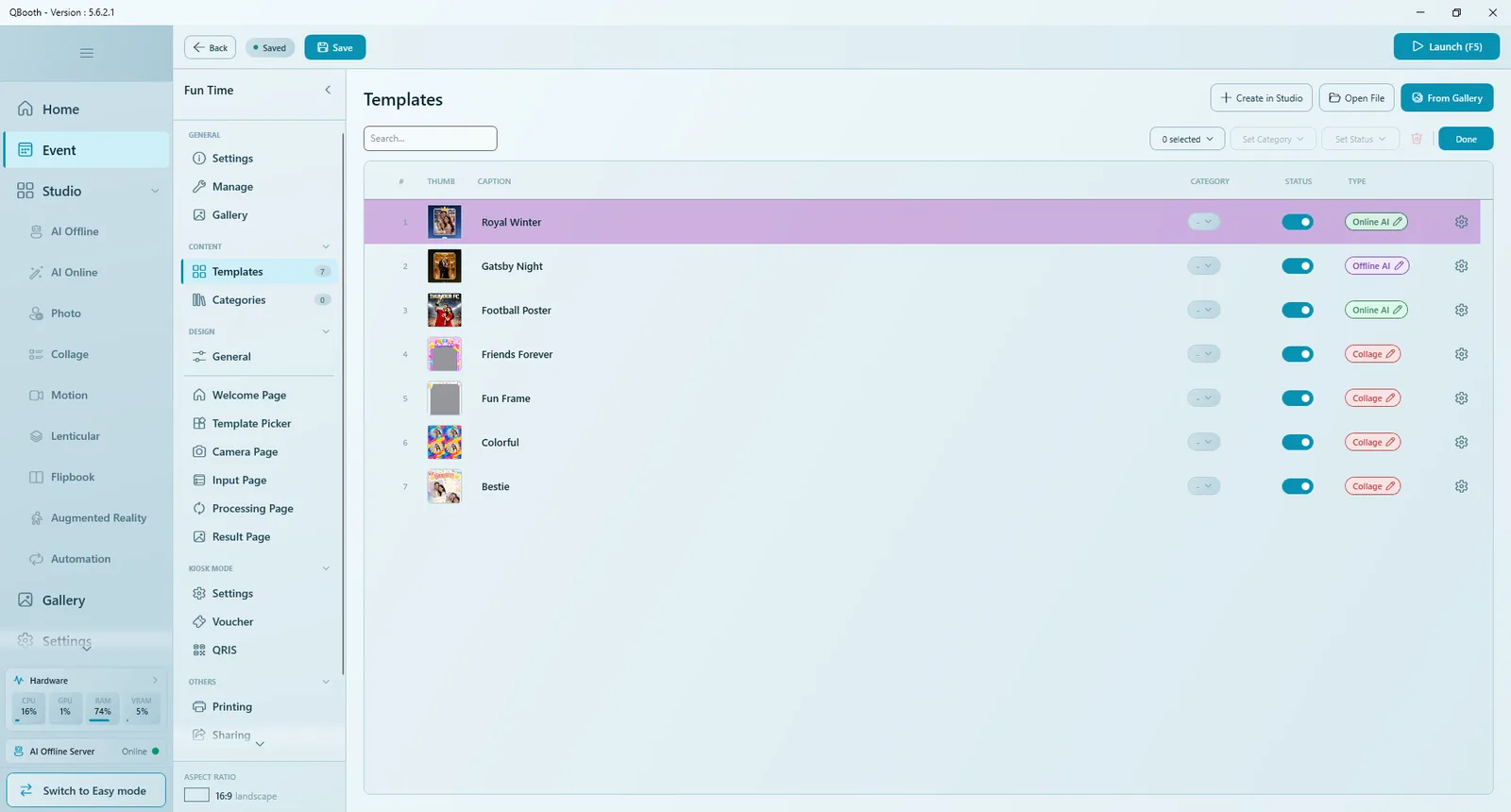 Templates list in Select mode with the selected counter, Set Category, Set Status, delete and Done