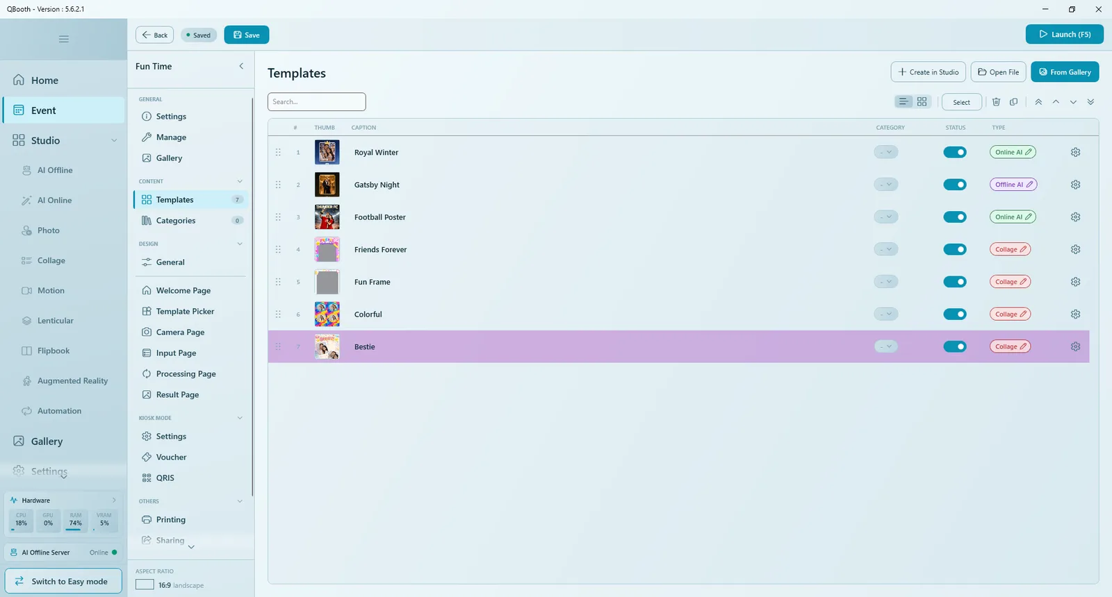 Templates page with Create in Studio, Open File and From Gallery buttons and a list of seven templates