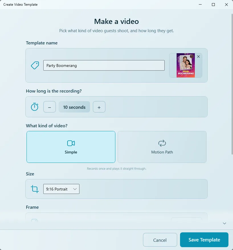 Create Video Template window with template name, cover, recording length and Simple selected