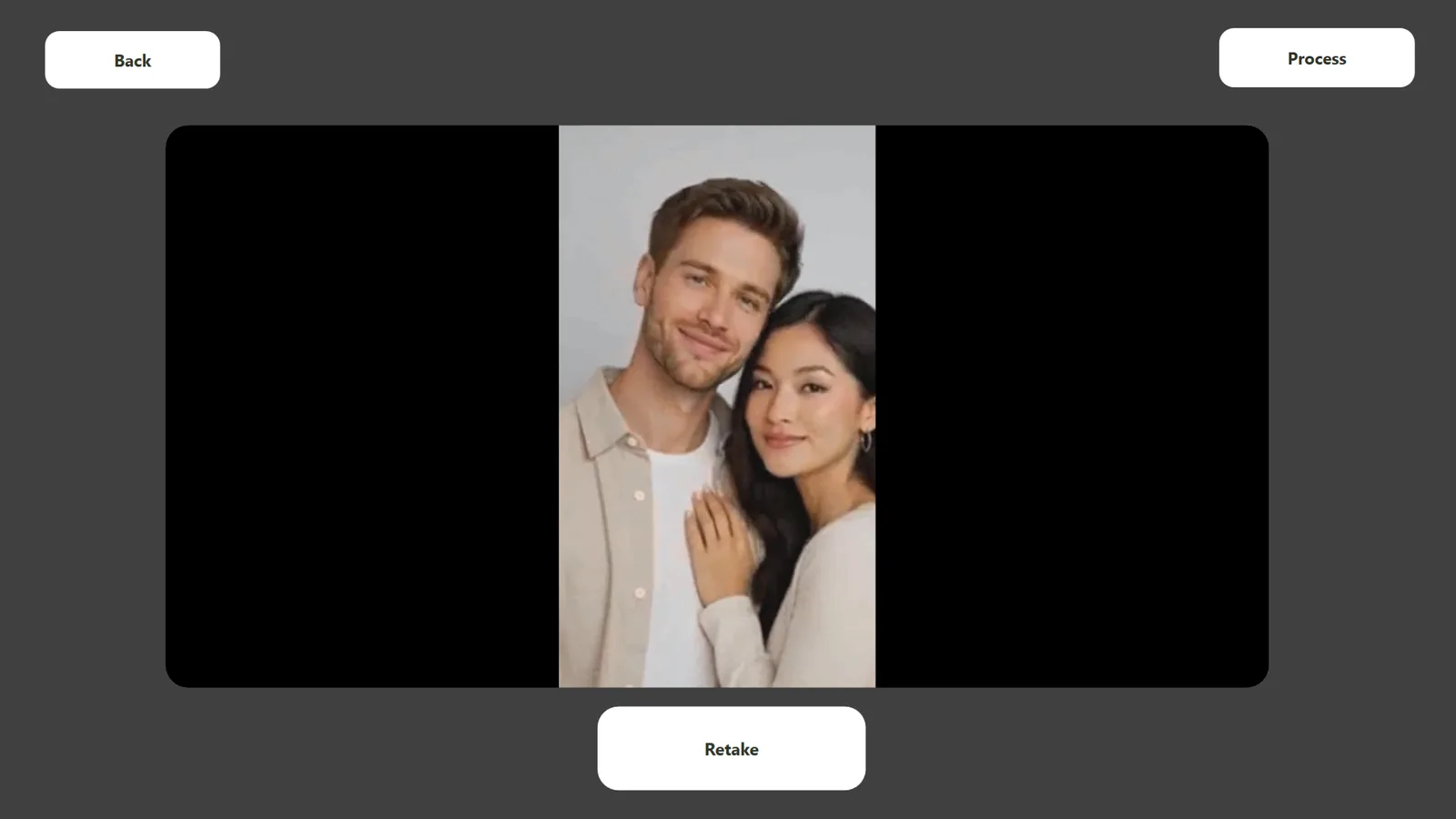 Guest review screen with the recorded 9:16 clip and Back, Retake and Process buttons